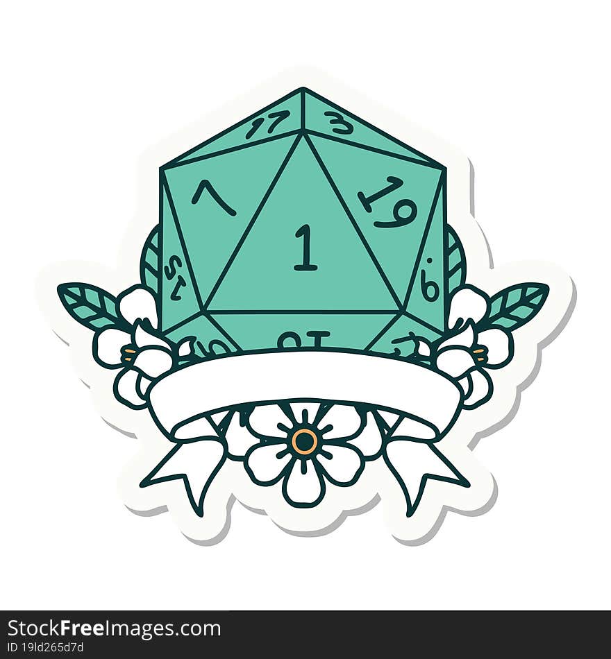 sticker of a natural one d20 dice roll. sticker of a natural one d20 dice roll