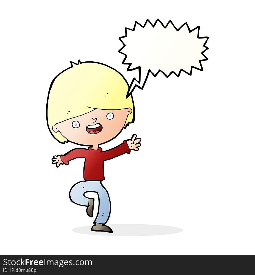 Cartoon Happy Boy Dancing With Speech Bubble