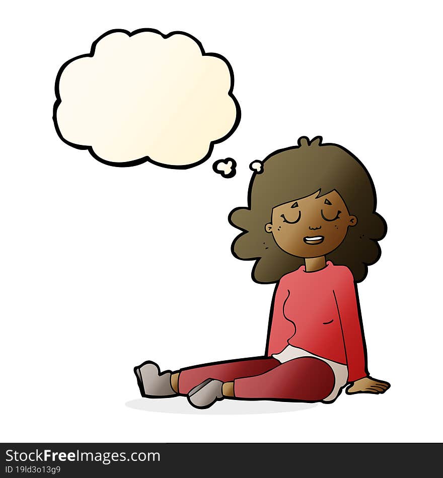 cartoon happy woman sitting on floor with thought bubble