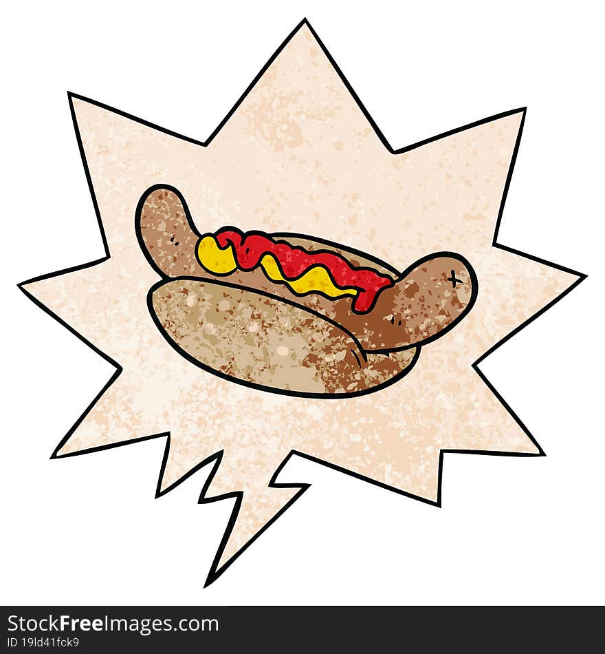 Cartoon Fresh Tasty Hot Dog And Speech Bubble In Retro Texture Style