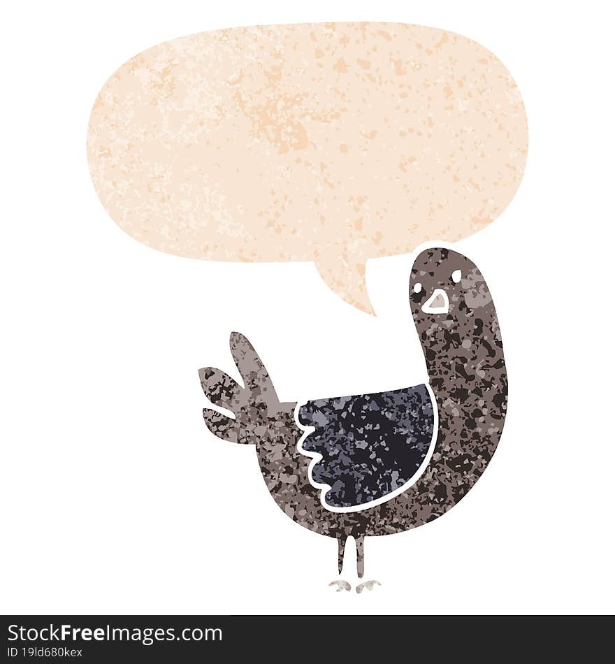 cartoon pigeon and speech bubble in retro textured style