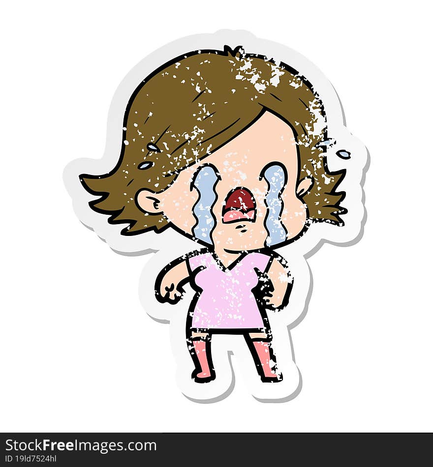 distressed sticker of a cartoon woman crying