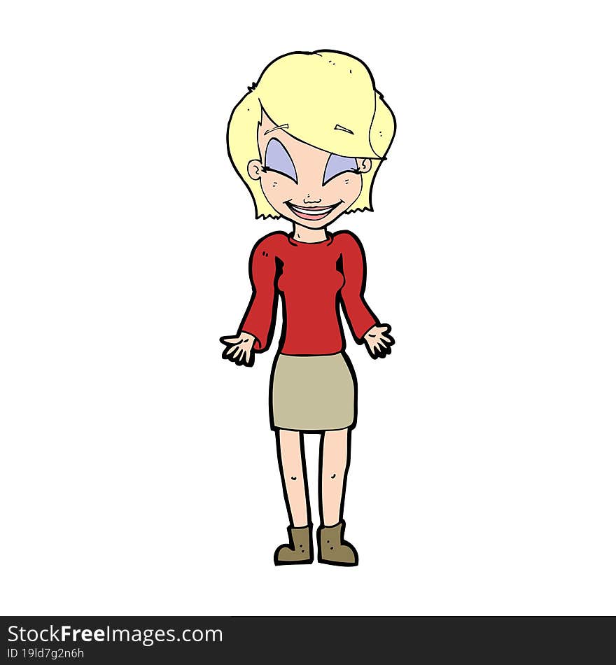 Cartoon Happy Woman Shrugging Shoulders