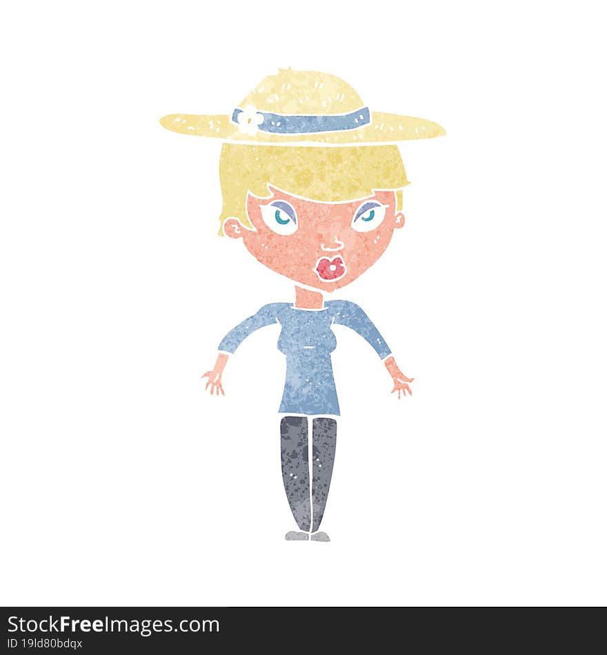 cartoon woman wearing summer hat. cartoon woman wearing summer hat