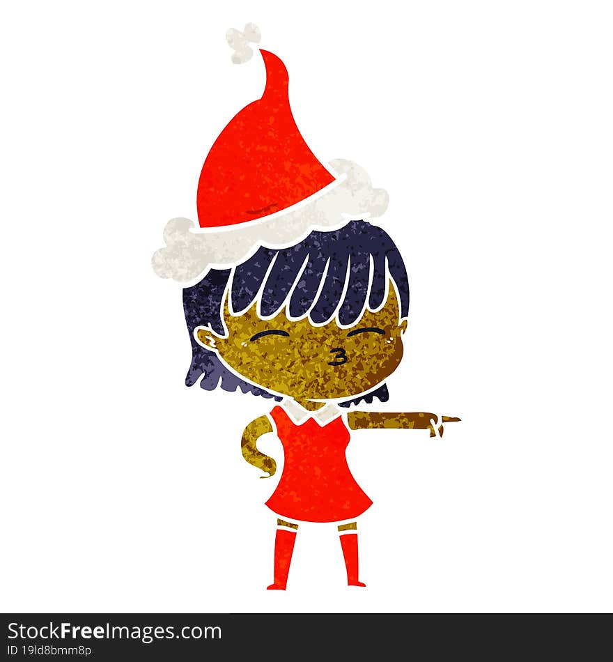 hand drawn retro cartoon of a woman wearing santa hat