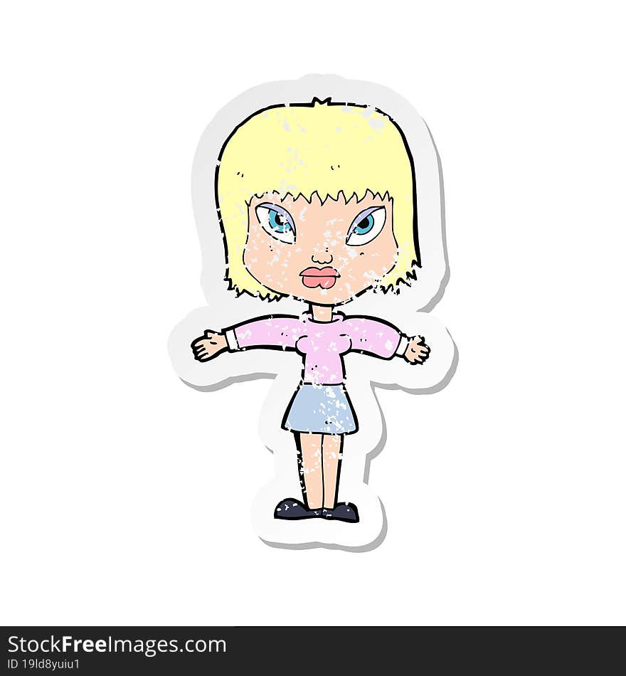 retro distressed sticker of a cartoon woman with outstretched arms