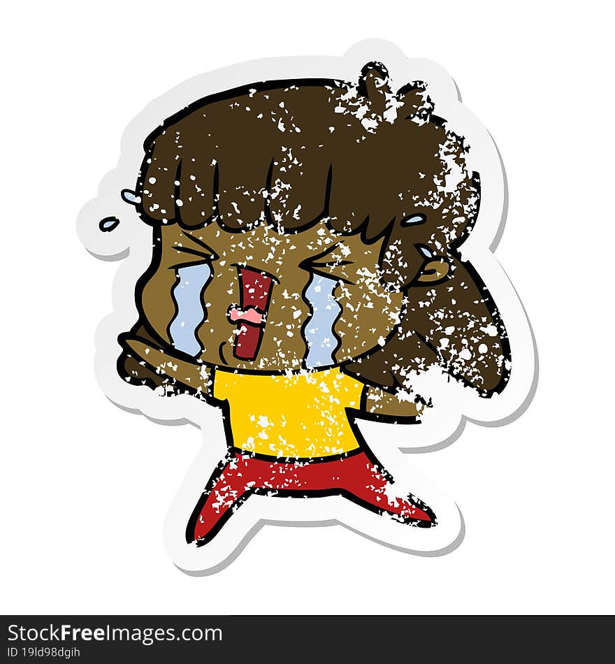 distressed sticker of a cartoon woman in tears