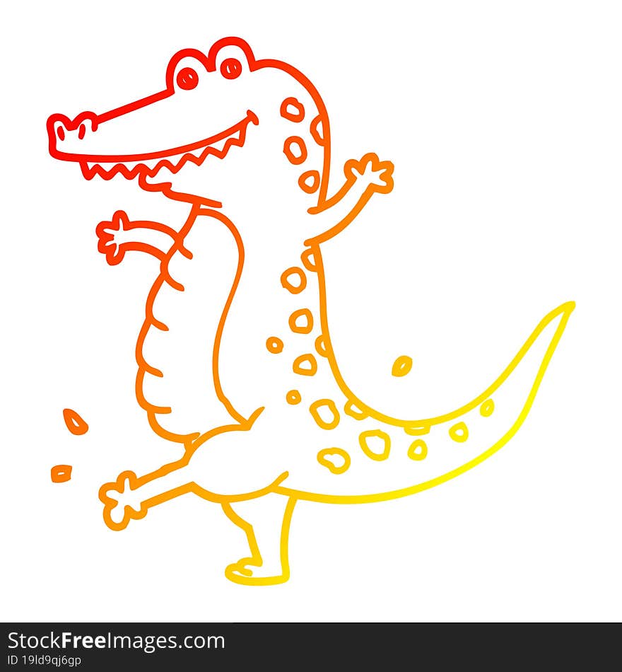 warm gradient line drawing of a cartoon dancing crocodile