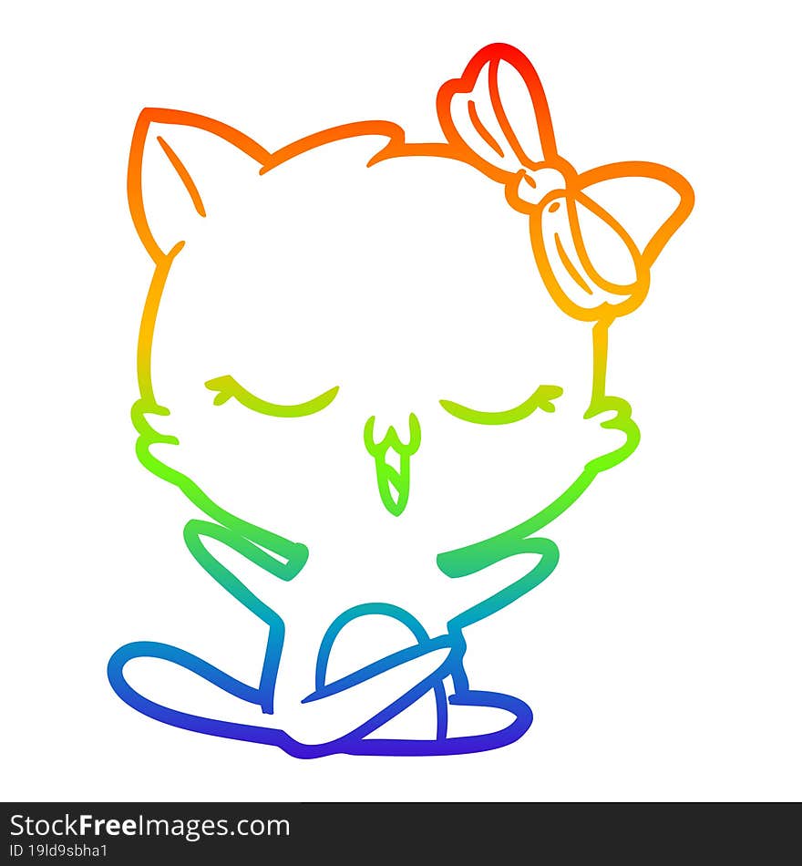 rainbow gradient line drawing cartoon cat with bow on head