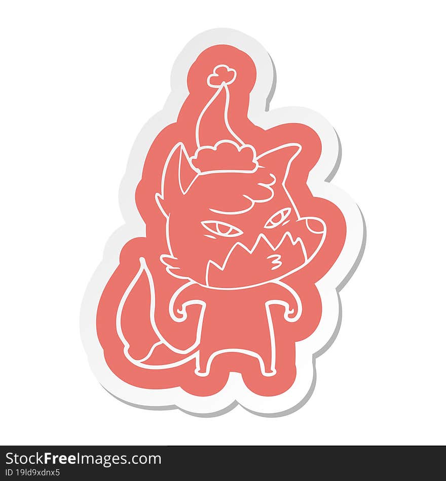 clever cartoon  sticker of a fox wearing santa hat