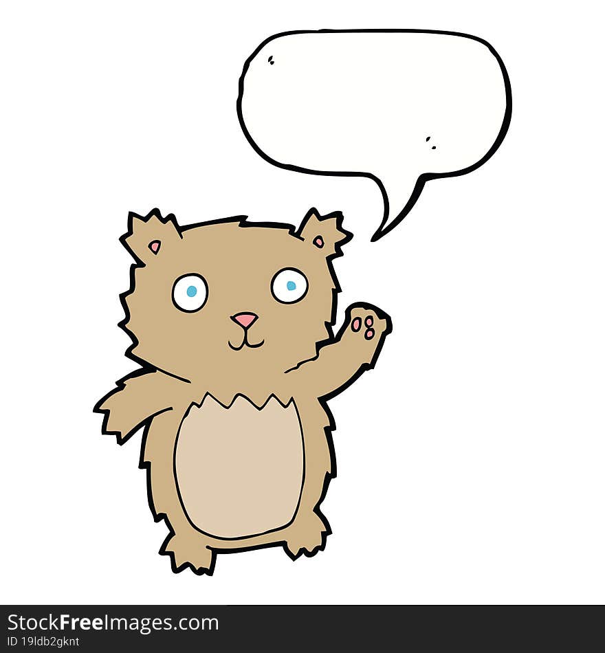 cartoon waving teddy bear with speech bubble