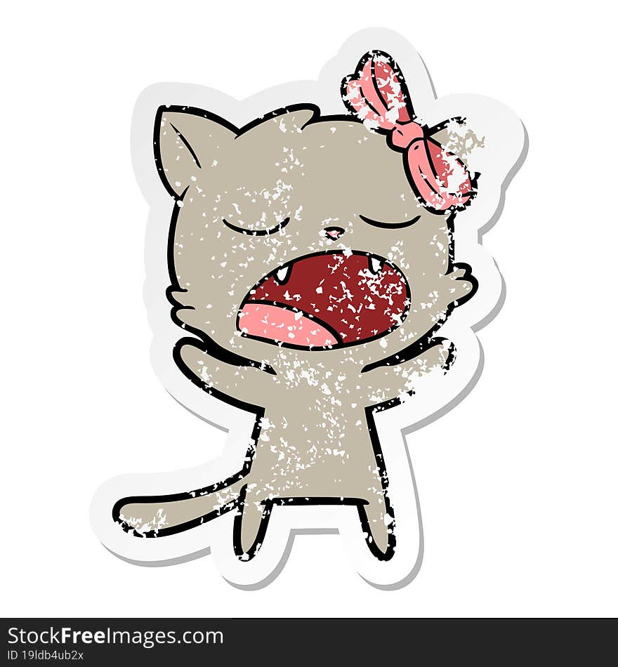 distressed sticker of a cartoon yawning cat