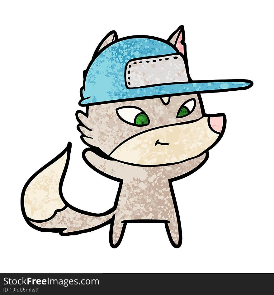 friendly cartoon wolf wearing trucker cap. friendly cartoon wolf wearing trucker cap