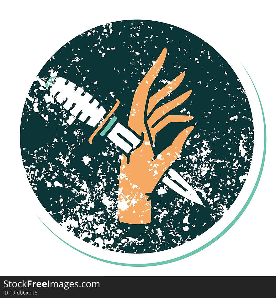 iconic distressed sticker tattoo style image of a dagger in the hand. iconic distressed sticker tattoo style image of a dagger in the hand