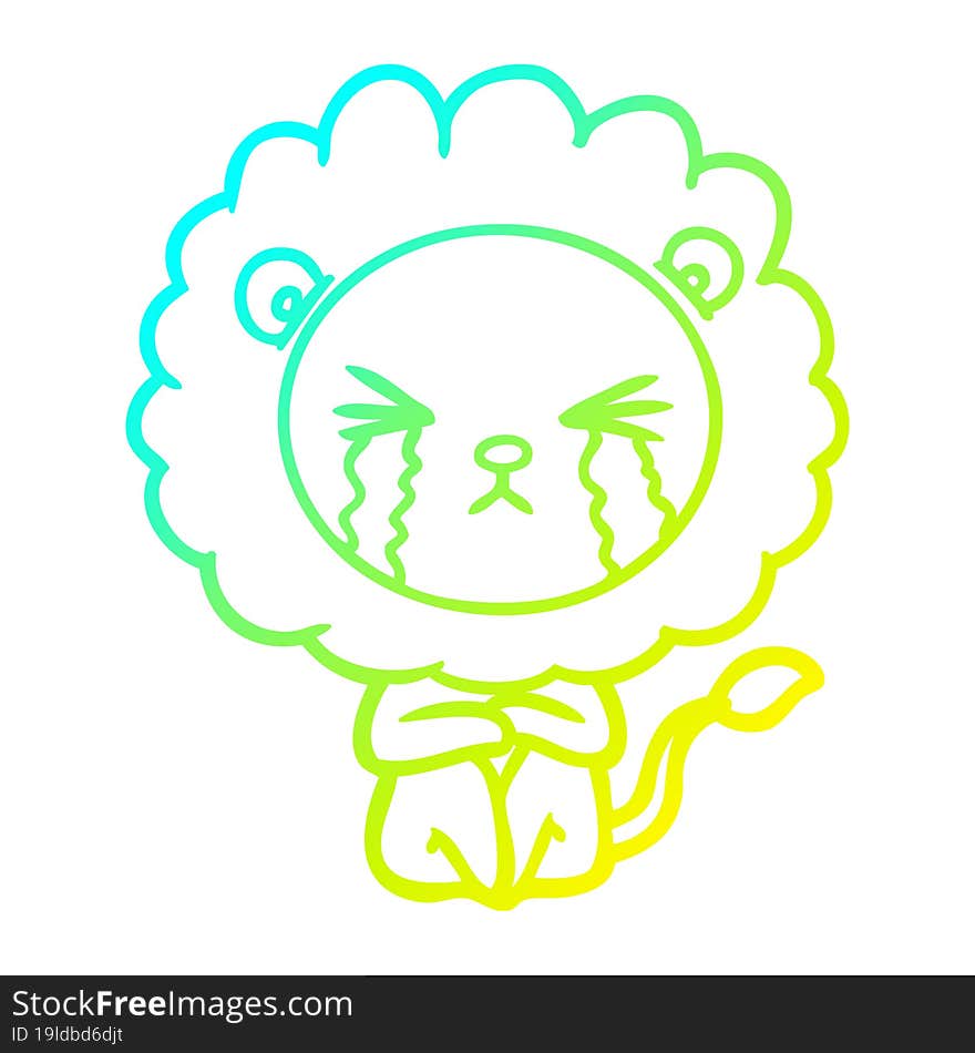 cold gradient line drawing cartoon crying lion sitting huddled up