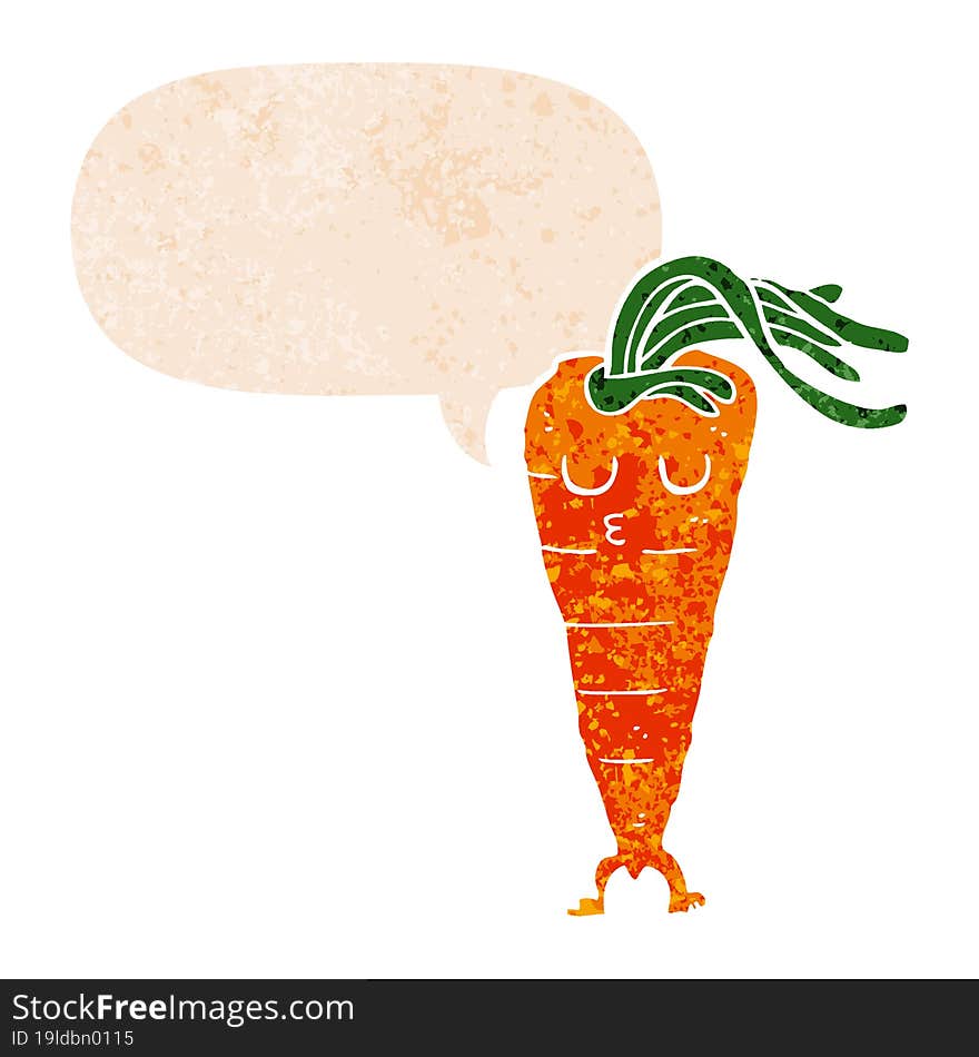 cartoon carrot and speech bubble in retro textured style