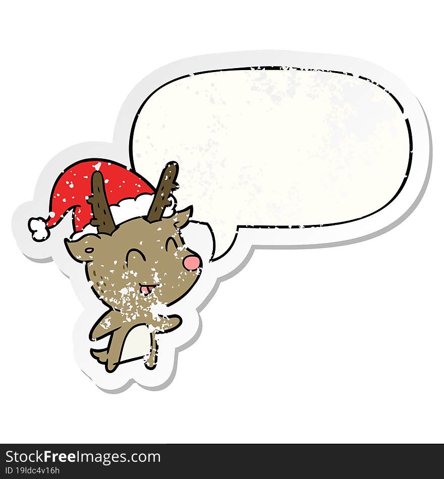 cartoon christmas reindeer and speech bubble distressed sticker