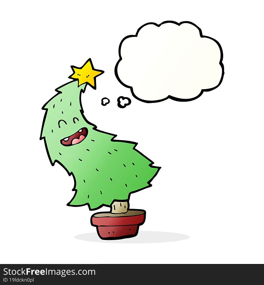 cartoon dancing christmas tree with thought bubble