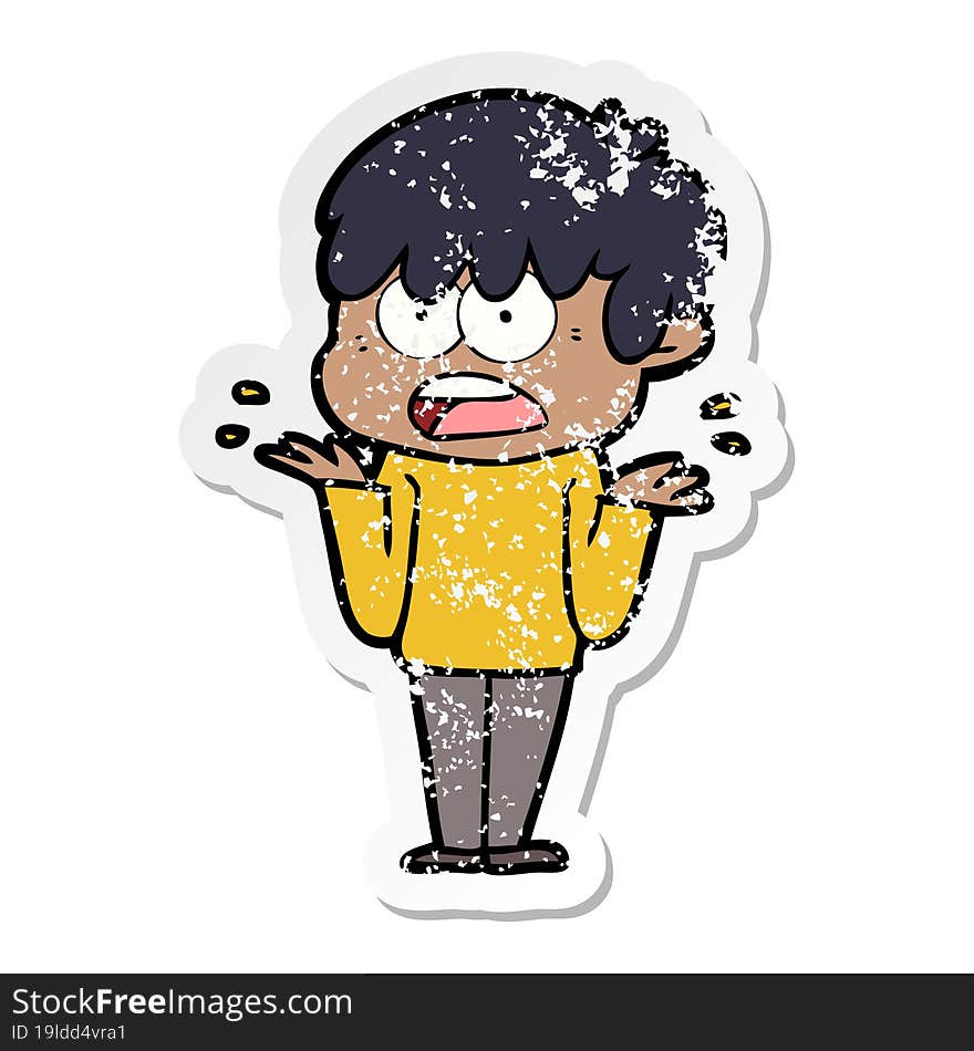 distressed sticker of a worried cartoon boy