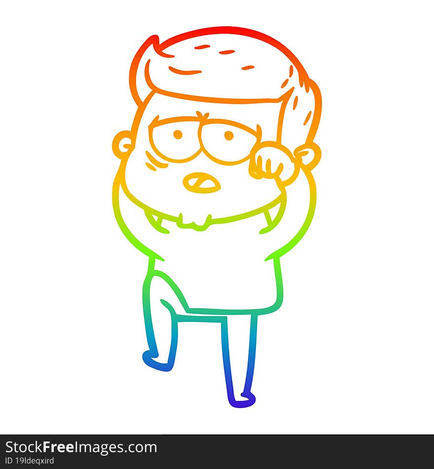 rainbow gradient line drawing of a cartoon tired man