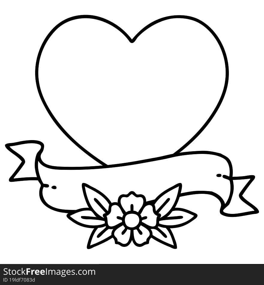 tattoo in black line style of a heart and banner. tattoo in black line style of a heart and banner