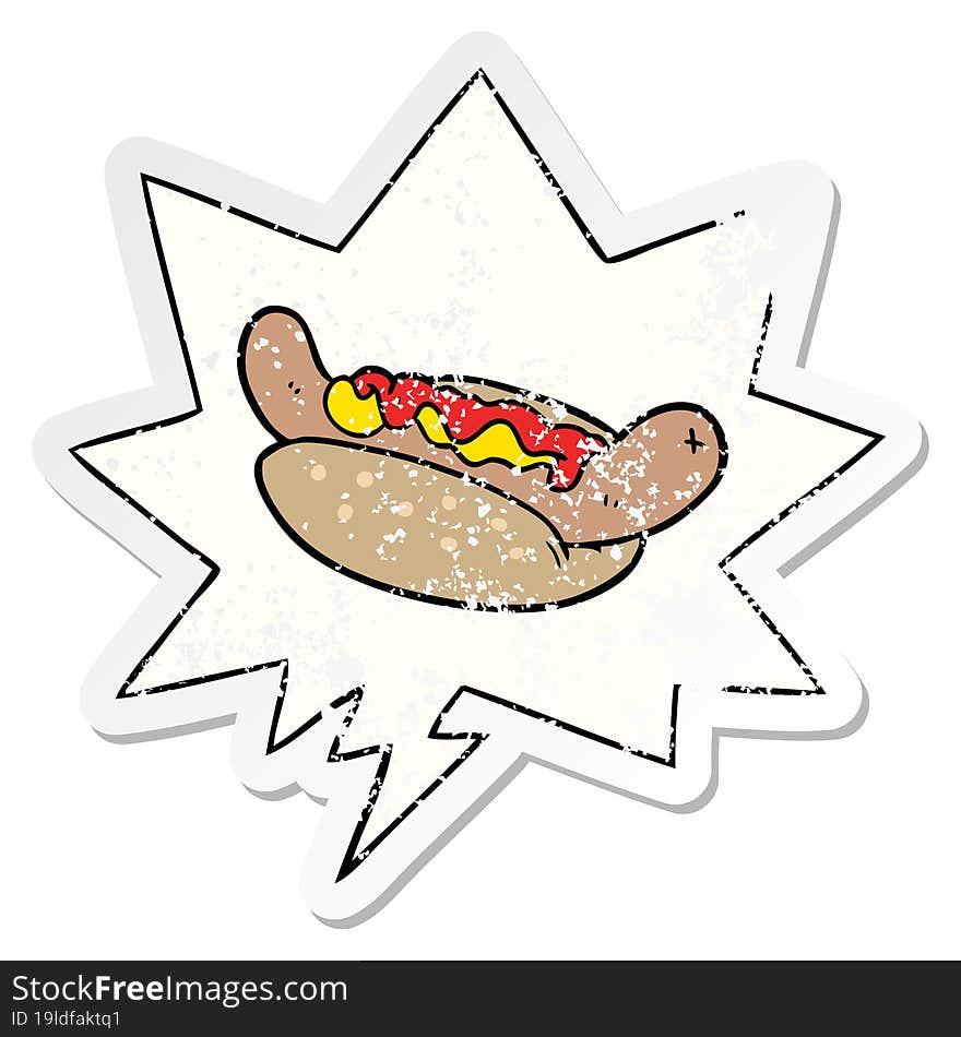 cartoon fresh tasty hot dog with speech bubble distressed distressed old sticker. cartoon fresh tasty hot dog with speech bubble distressed distressed old sticker