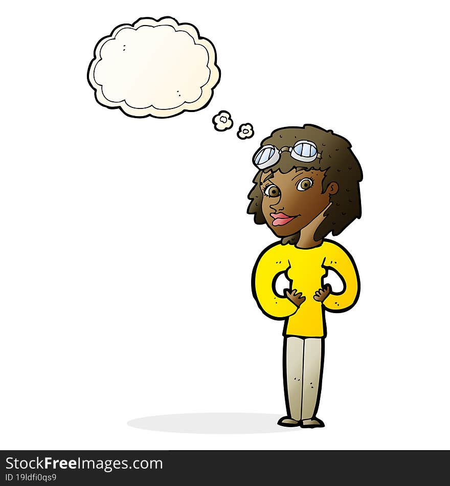 cartoon aviator woman with thought bubble