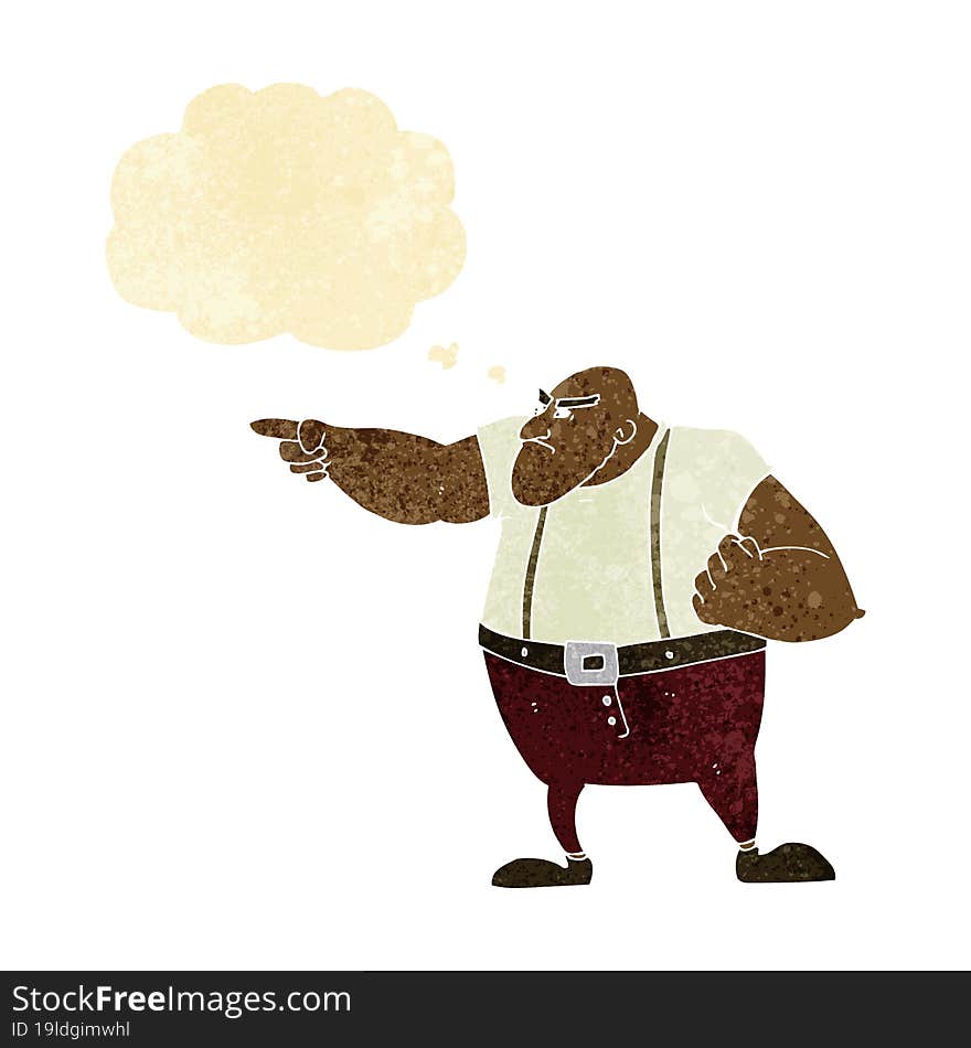 cartoon angry tough guy pointing with thought bubble