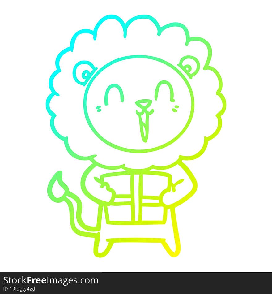 cold gradient line drawing laughing lion cartoon with christmas present