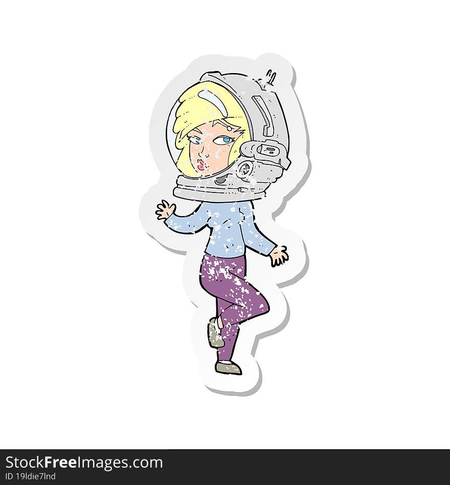 retro distressed sticker of a cartoon woman wearing space helmet