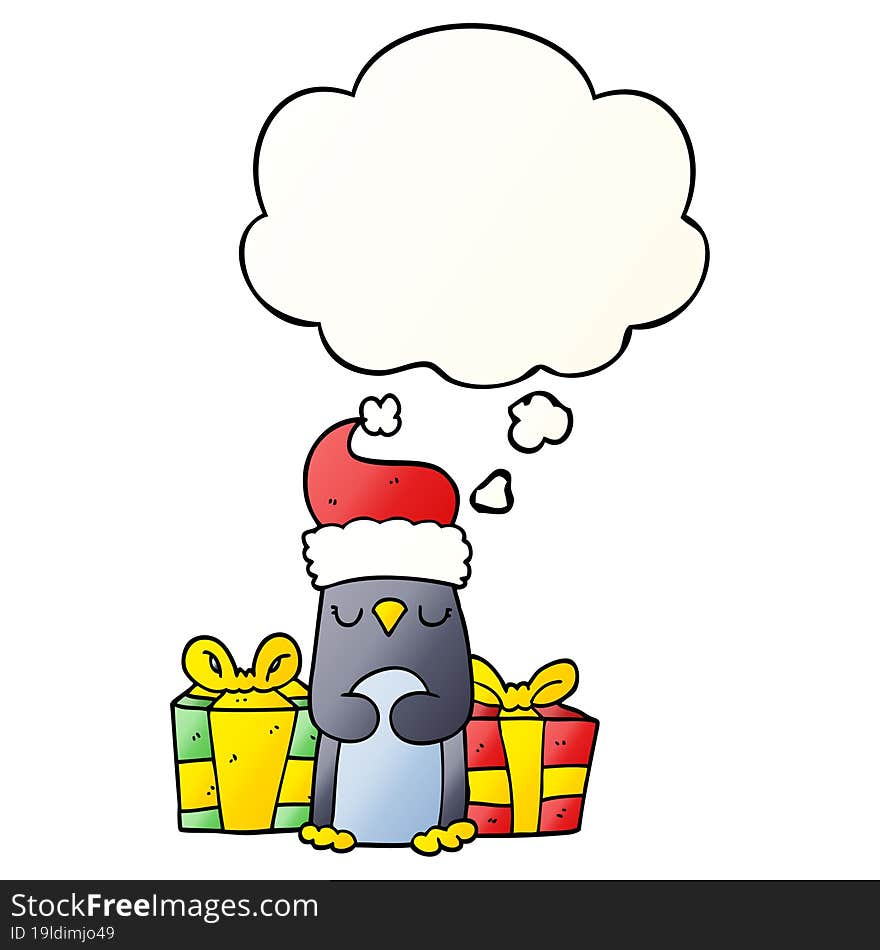 cute christmas penguin and thought bubble in smooth gradient style