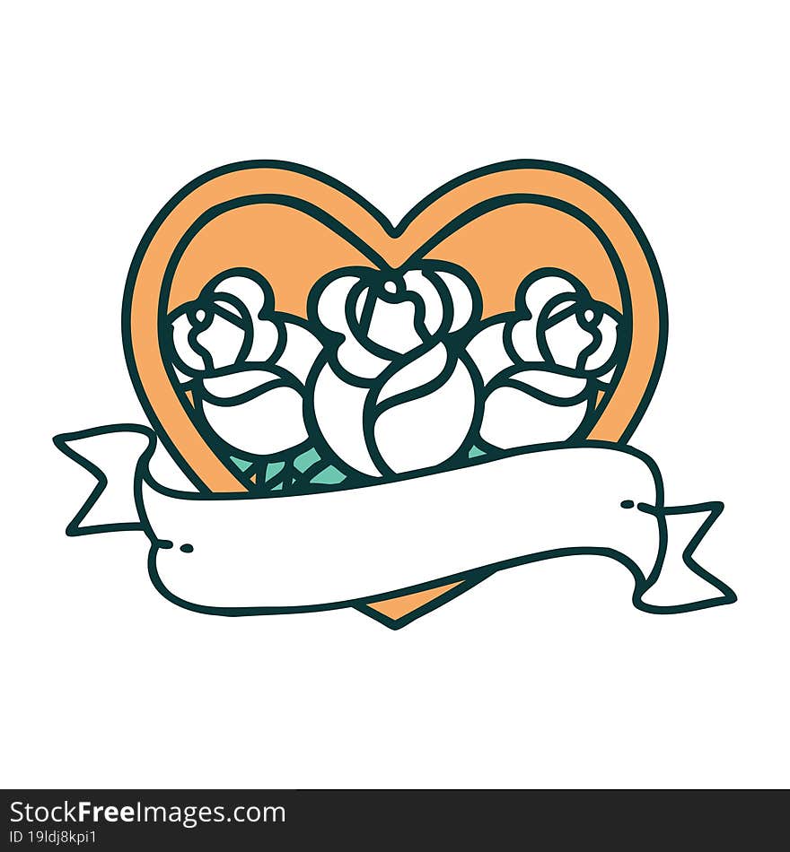 iconic tattoo style image of a heart and banner with flowers. iconic tattoo style image of a heart and banner with flowers