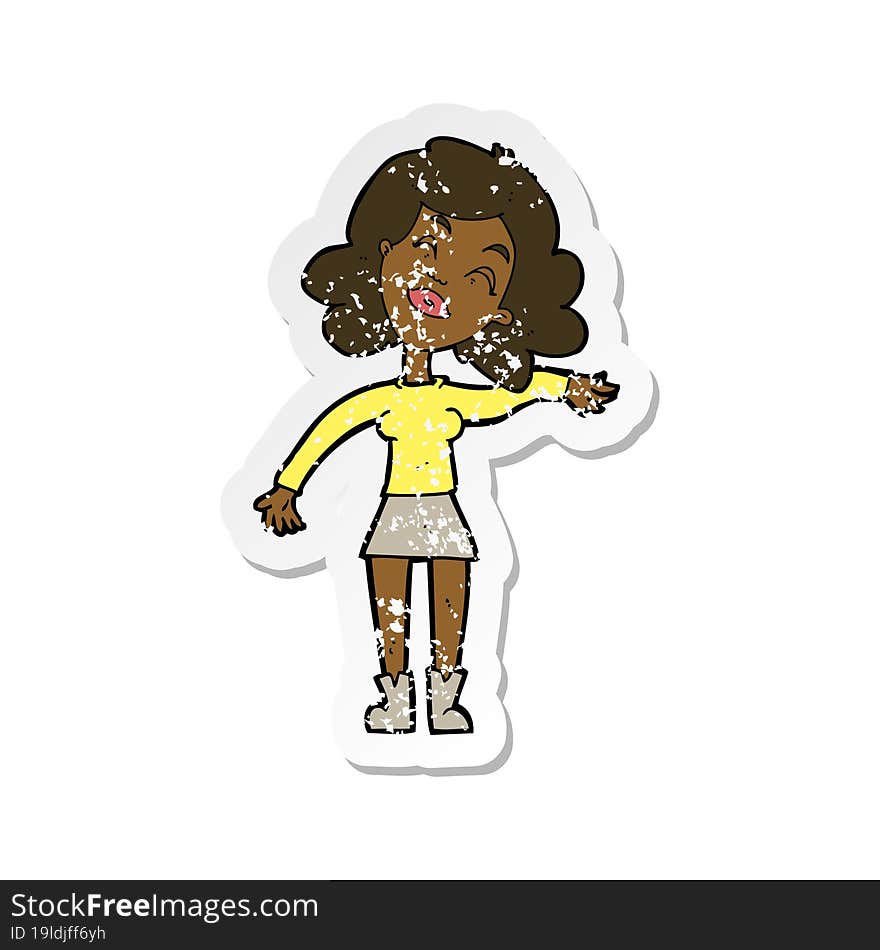 retro distressed sticker of a cartoon woman only joking