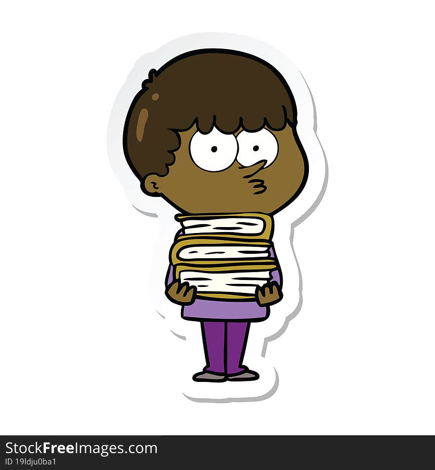 sticker of a cartoon curious boy with lots of books