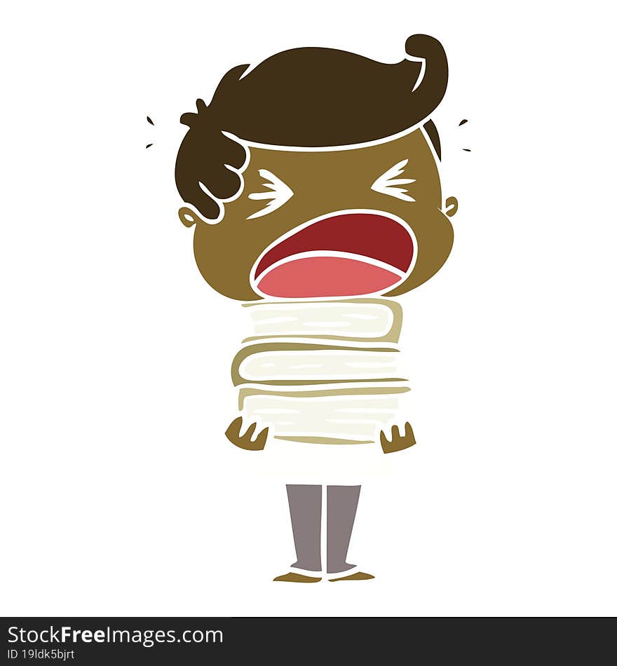 Flat Color Style Cartoon Shouting Man With Stack Of Books