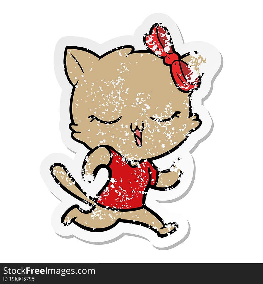 Distressed Sticker Of A Cartoon Cat With Bow On Head