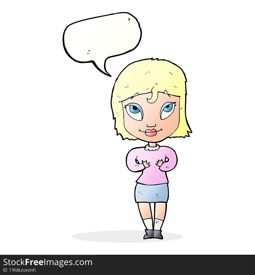 cartoon woman gesturing at self with speech bubble