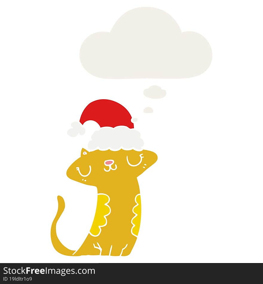 cute cartoon cat wearing christmas hat with thought bubble in retro style