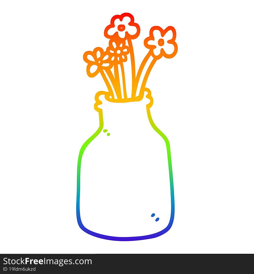 rainbow gradient line drawing cartoon flowers in vase