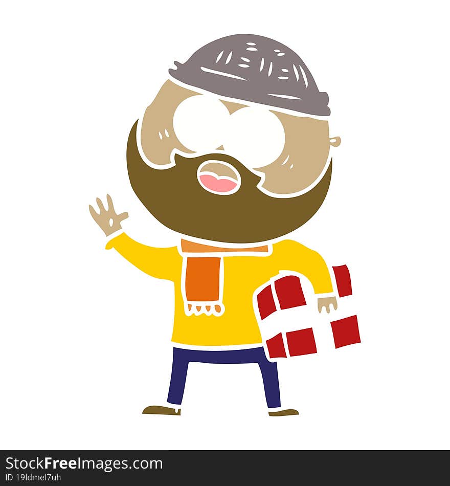 flat color style cartoon bearded man with present