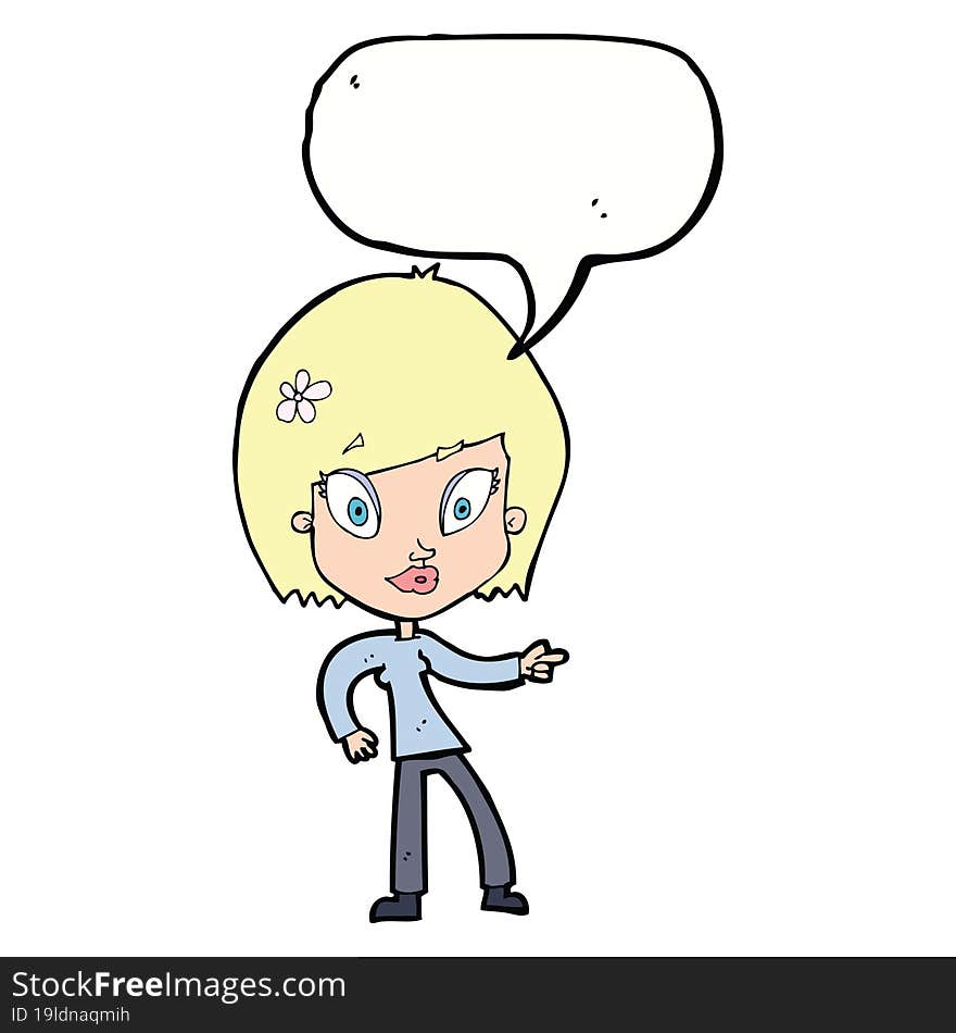 Cartoon Pretty Woman Pointing With Speech Bubble