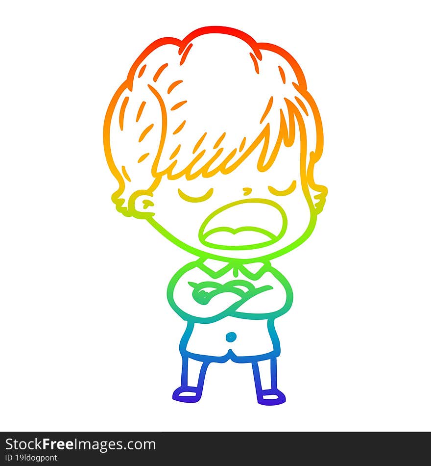 rainbow gradient line drawing of a cartoon woman talking