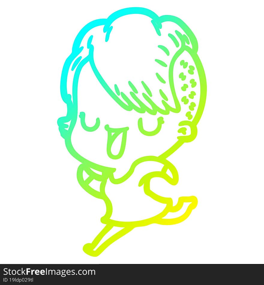 cold gradient line drawing of a cute cartoon girl with hipster haircut