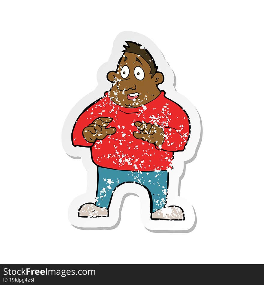 retro distressed sticker of a cartoon excited overweight man