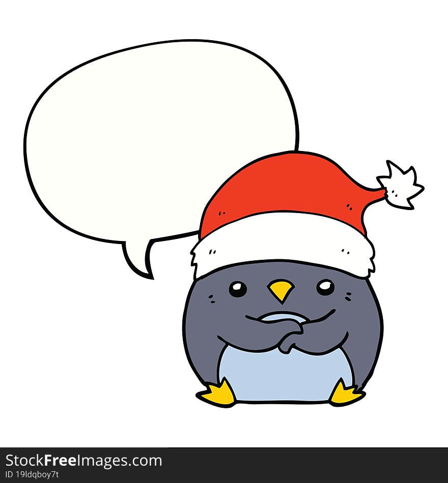 cute cartoon penguin wearing christmas hat and speech bubble