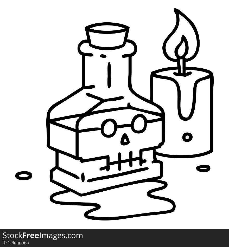 line doodle of a magic potion in a fancy bottle with candle. line doodle of a magic potion in a fancy bottle with candle