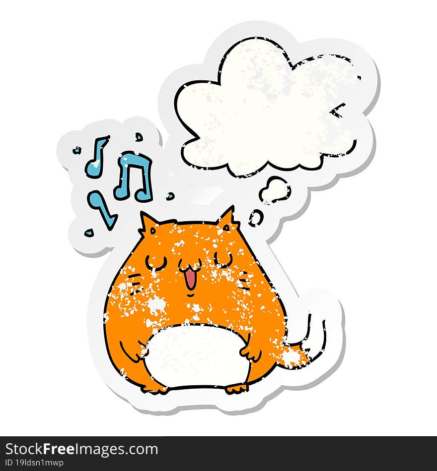 cartoon cat singing and thought bubble as a distressed worn sticker