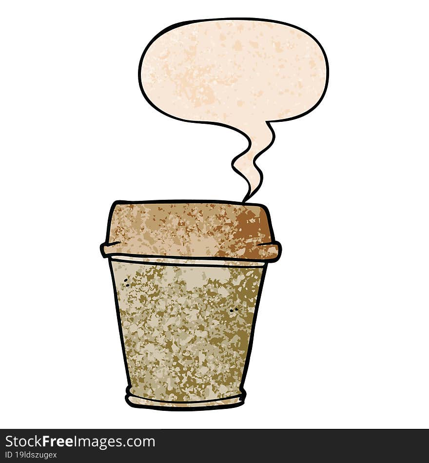 cartoon take out coffee with speech bubble in retro texture style