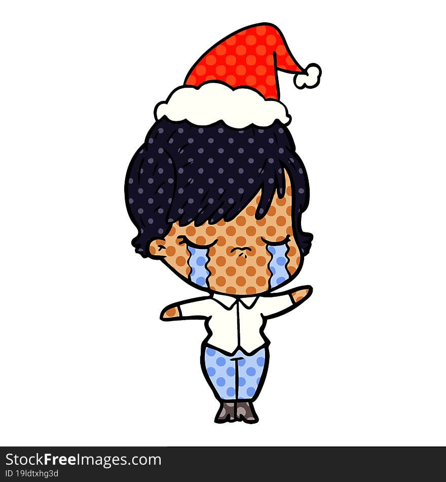 comic book style illustration of a woman crying wearing santa hat