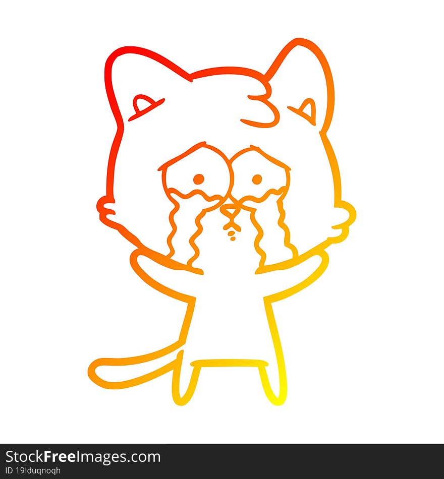 warm gradient line drawing of a cartoon crying cat